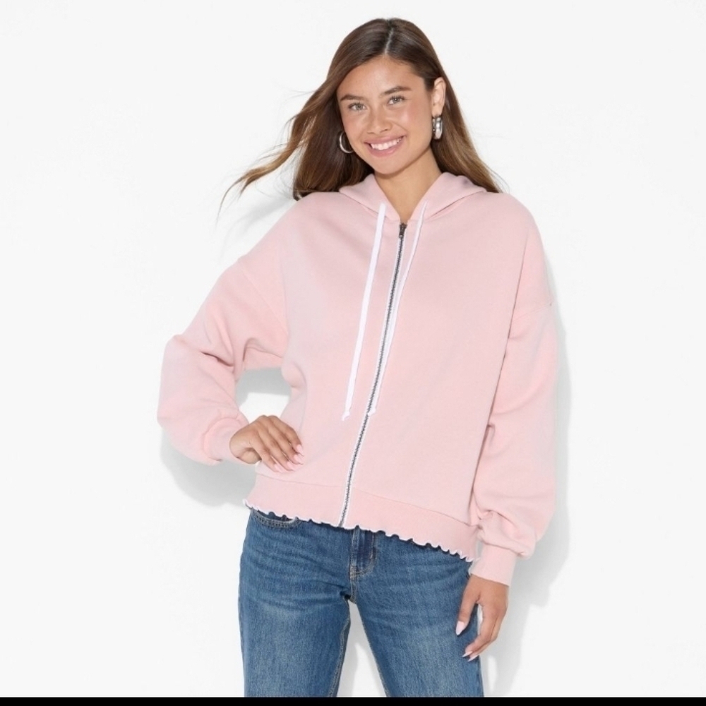 Wild Fable Women's Merrow Edge Hooded Zip-Up Sweatshirt Oversized Pink - Picture 2 of 4